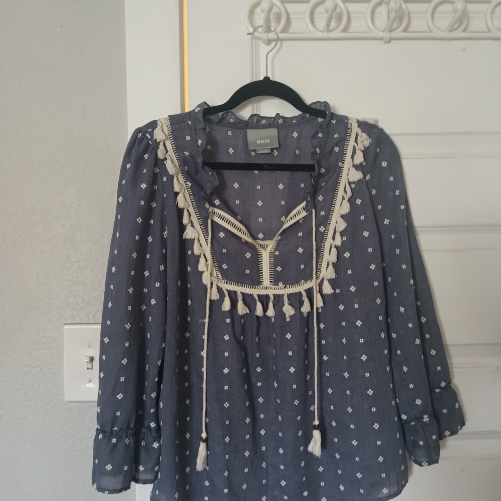 Anthropologie Blue Blouse with White Tassels